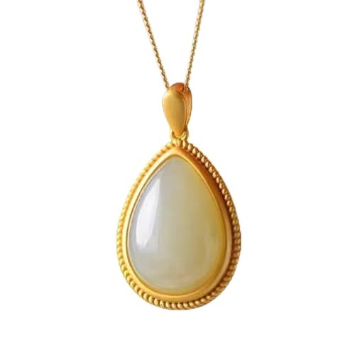 Collier calcédoine blanche goutte femme, pendentif rétro or ancien et bijou artisanal