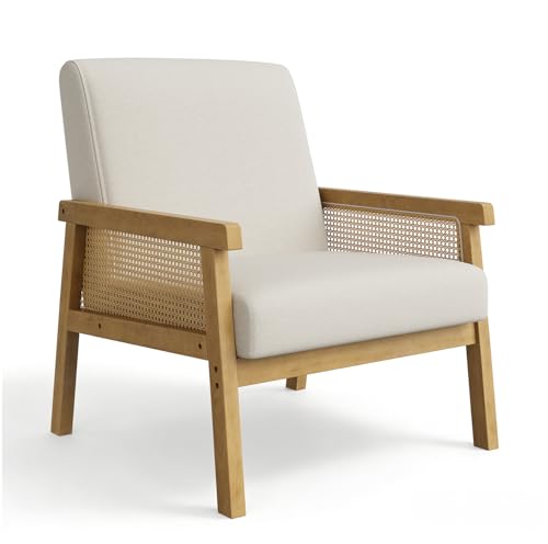 Crevyteg Style bohème Moderne | Fauteuil d'appoint - Tissu Imitation Lin - Dossier Haut, accoudoirs rotin - Structure Bois Robuste - pour Salon ou Chambre - Couleur :...
