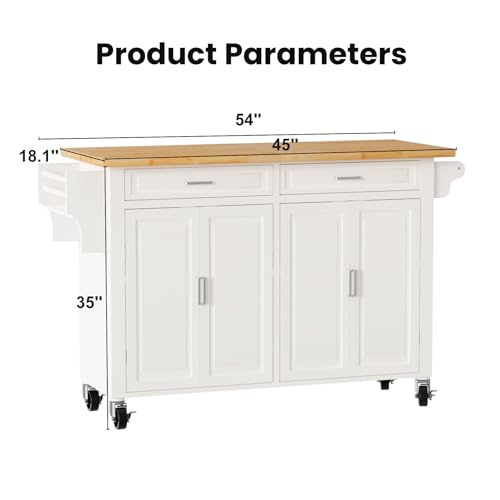 Kitchen Island with Storage 54" Large Rolling Kitchen Island Cart On Wheels 2 Cabinets 2 Drawers,Spice Towl Rack Mobile Kitchen Table White (No Drop Leaf)