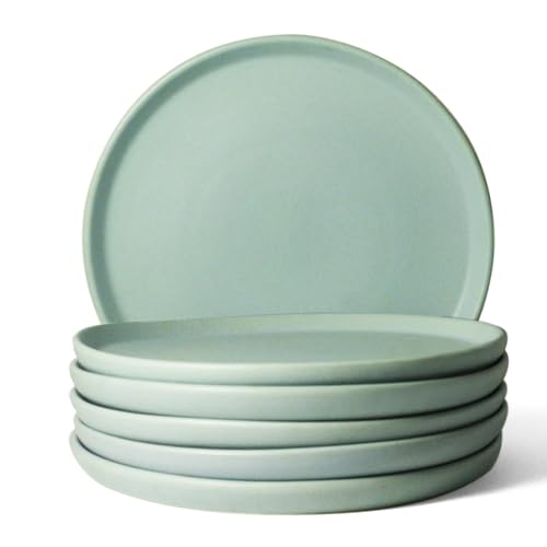 Image of Ceramic Dinner Plates, 6 Pcs | Rim Plate for Easy Eating | Microwave, Oven, Dishwasher Safe | Set of 6 Ceramic Plates for Dinner | Handmade | (Almost Blue, Set of 6 Dinner Plates)