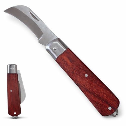 topolenashop Coltello da Innesto a Roncola Tascabile 19,5 cm – Lama Curva 6 cm in Acciaio Inox, Coltello Potatura e Giardinaggio, Manico in Legno, Pieghevole | 313002
