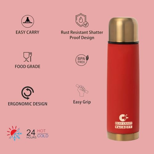 Image of Clay Craft Vacbott Terra Royal Double Walled|18 Hours Hot and 24 Hours|Cold Water Bottle Vacuum Insulated|Thermosteel|Flask Bottle 500 ml|2 Pcs Travel Bottle|BIS Certified|1 Year Limited Warrnaty