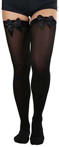 Image of ToBeInStyle Women's Opaque Long Thigh High Stockings w /Decorative Front Satin Bow