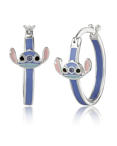 Disney Women’s Lilo and Stitch Hoop Earrings – Officially Licensed Jewelry Silver Flash-Plated Enamel and Crystal