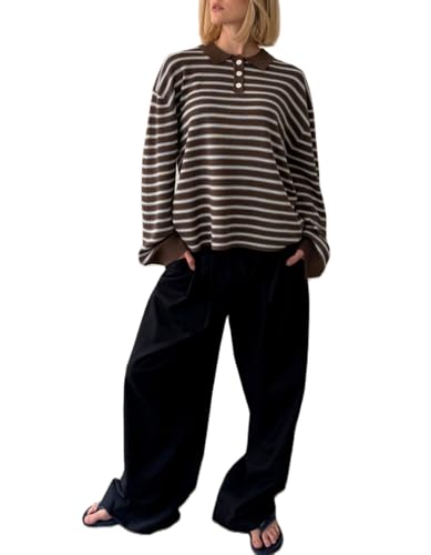 Women Y2K Striped Polo Sweater Long Sleeve Color Block Lapel V Neck Knit Jumper Tops Oversized Sweater
