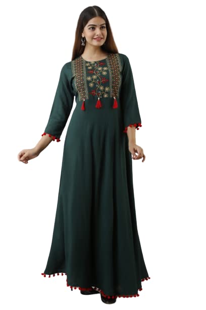 GenericSAKSHI Fashion Presents Beautiful Design Printed Rayon Green Color Anarkali Kurta Gown for Women & Girls