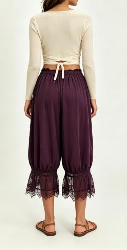 Image of UAURORAO Women Lace Trim Bloomer Pants Flowy Culottes Pantaloons Bloomers