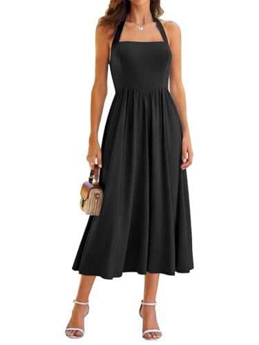 Image of YIOYOLA Women Sleeveless Halter Sleeveless Drop Waist Corset Midi Dress Swing Flowy Beach Sundresses with Pockets