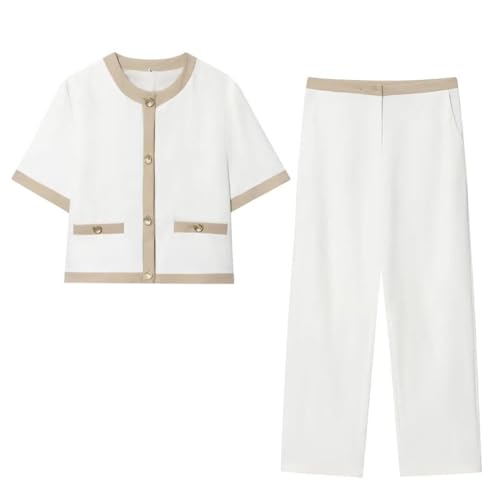 Image of Women Pant Set Round Neck Short Sleeve Splicing Top with High Waist Straight Pants Zipper Pockets