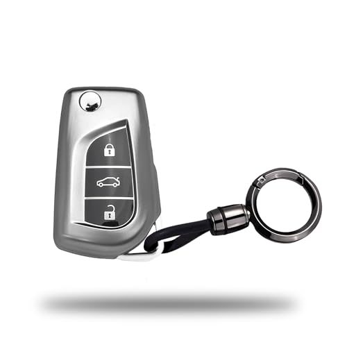 Image of SIAGO TPU Key Cover and Round Keychain Compatible for Toyota Corolla | Altis | Innova Crysta 3 Button Car Smart Key (Grey)