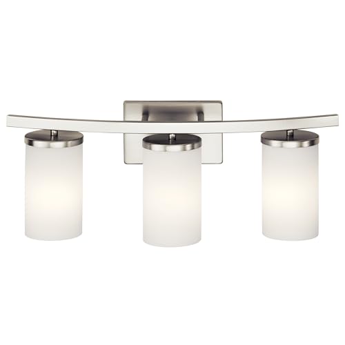 Image of Kichler Crosby 23 inch Vanity Light in Brushed Nickel, 3-Light Contemporary Bathroom Light with Satin Etched Cased Opal Glass, (23 inch L x 8.75 inch H), 45497NI