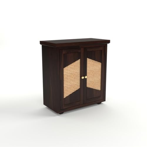 Image of Solid Sheesham Wood Sideboard Cabinet for Living Room | Wooden Storage Cabinet with 2 Designer Cane Doors & Shelf | Modern Geometric Rattan Sideboard for Home (Walnut Finish)