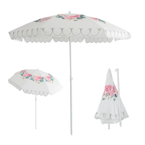 6ft Outdoor Patio Umbrella Waterproof UPF50+ Beach Umbrellas for Sand Portable Tilt Boho Pool Umbrella White Outdoor Umbrella with Carry Bag 8 Ribs & Iron Pole Patio Table Umbrella