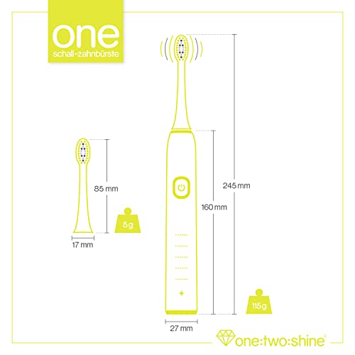 ONE:TWO:SHINE Doppelpack | Schallzahnbürste ONE | 2 elektrische Zahnbürsten mit 8 Aufsteckbürsten + 2 Zungenreinigern + 2 Reise-Etuis + 2 Ladestationen + 2 Netzteilen | lange Akkulaufzeit (Lime-Green) – Bild 7
