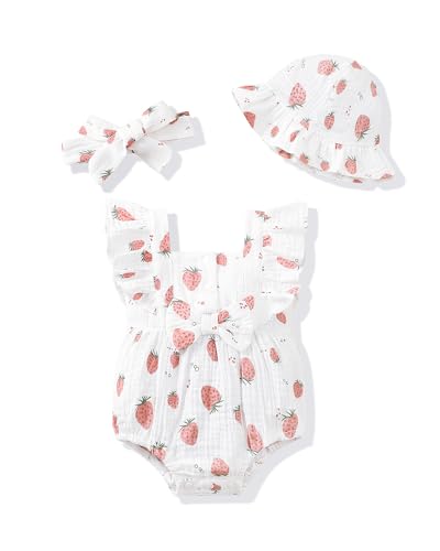 Image of Renotemy Baby Girl Clothes Infant Summer Romper Cotton Linen Newborn Essentials Photography Preemie Outfits with Hat&Headband