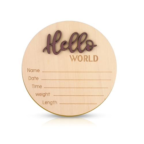 Image of Baby Announcement Sign, 5.9 Inch Wooden Hello World Newborn Welcome Sign Birth Baby Name Plaques for Photo Props Baby Shower Hospital Nursery(Brown)
