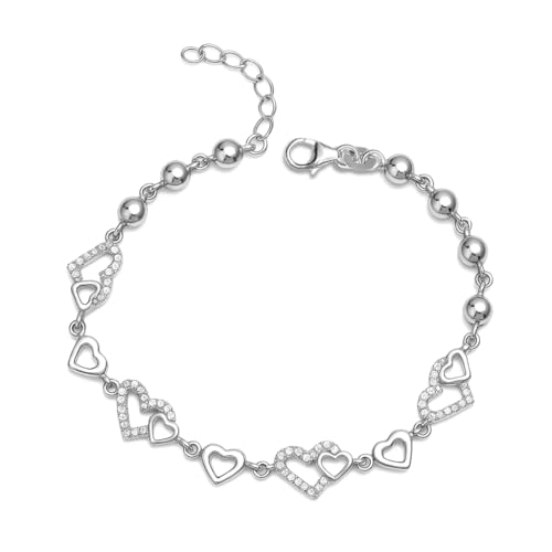 LeCalla Pulseras de plata de ley 925 con eslabones de corazón para mujer, pulsera de cadena de corazón con circonita cúbica, regalo de joyería ajustable para mamá, esposa, novia, amiga, cumpleaños