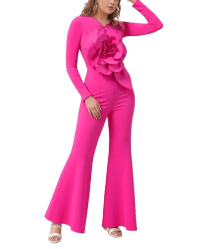 ONTINVA Jumpsuits for Women Petal Decorated Long Sleeve Flared Pants Bell Bottoms Party Club One Piece Jumpsuit Romper