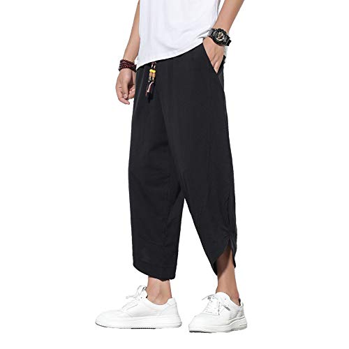 Doslavida Men's Casual Elastic Waist Linen Capri Pants Wide Leg Baggy Cotton Harem Yoga Trousers Loose Patchwork Shorts Solid-Black #TOP1