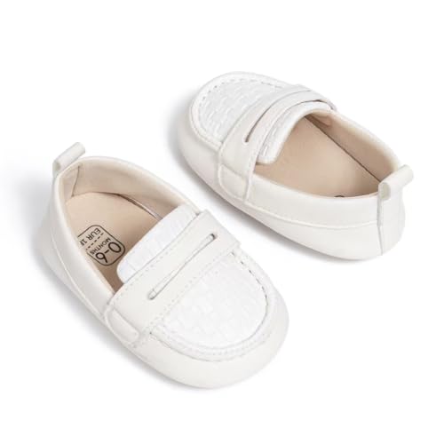 Moceen Infant Baby Moccasins for Boys and Girls, Non-Slip Rubber Sole PU Leather First Walking Shoes, Newborn Toddler Dress Loafers, 12-18 Months, White M103