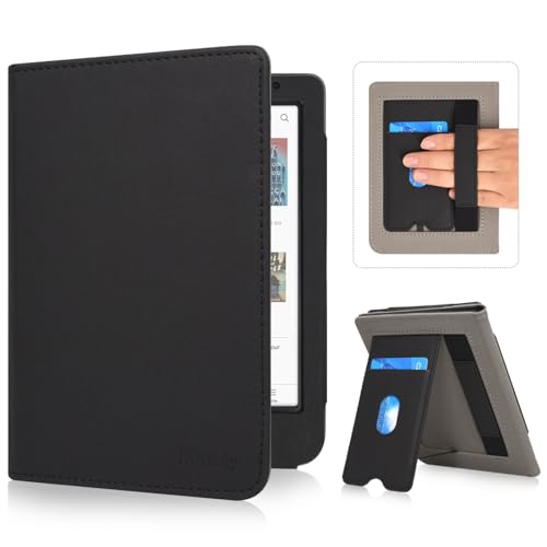 JKhandy Stand Case for Kobo Clara BW/Colour 6 Inch 2024 Release, Premium PU Leather Sleeve Cover with Card Slot, Hand Strap and Atuo Sleep/Wake, Fabric Black