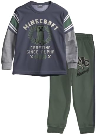 Minecraft Creeper Boys 2-Piece Jersey Set, Long Sleeve Active Mesh T-Shirt & Jogger Pants Bundle for Kids