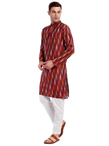 Image of SKAVIJ Men's Pure Cotton Printed Kurta Pajama Set Ikat Design Casual Ethnic Dress