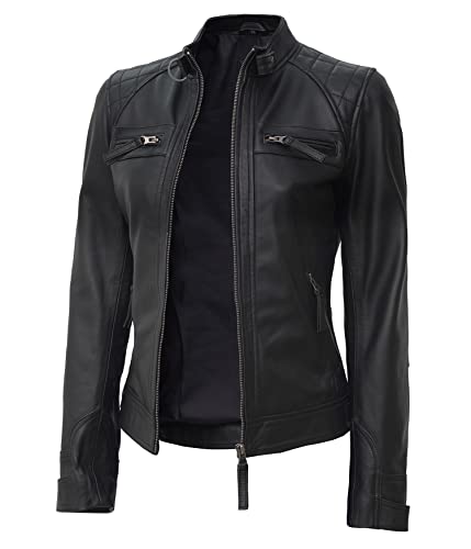 FJackets Real Lambskin Leather Biker Jacket - Quilted Cafe Racer Zip Up Moto Jackets Women | [1313742] Diamond1 Black, S