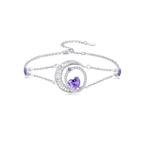 Image of Dorunmo 925 Sterling Silver Moon Heart Birthstone Anklet Bracelets for Women Best Mother's Day Birthday Jewelry for Wife Girlfriend Mom Her