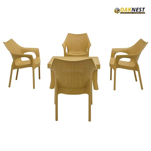 Image of Oaknest Supreme Cambridge with Vegas Plastic Outdoor Chair and Table Set | 4 Rattan Chairs + 1 Table | Weatherproof, Lightweight | Garden & Patio Use Cane