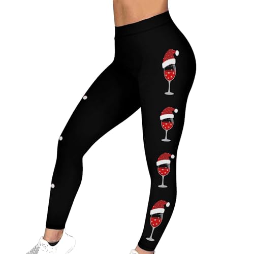 Wine Glass Christmas Leggings for Women High Waisted Yoga Pants Soft Stretch Tummy Control Festive Graphic