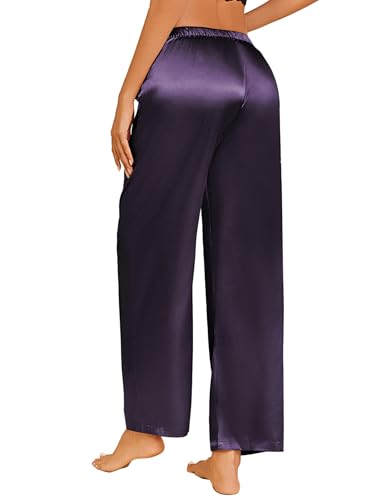 Image of Ekouaer Womens Silk Satin Pajama Lounge Pants Sleep Pj Bottoms with Pockets | Silky,Loose Wide Leg,Drawstring Elastic Waist,Casual,Loose,Elegant