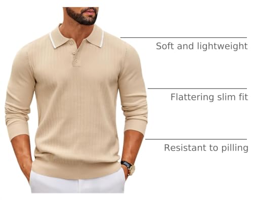 COOFANDY Polo de punto para hombre con manga larga, suéter clásico casual para golf, suéter liviano y ajustado con cuello y botones miniatura 4