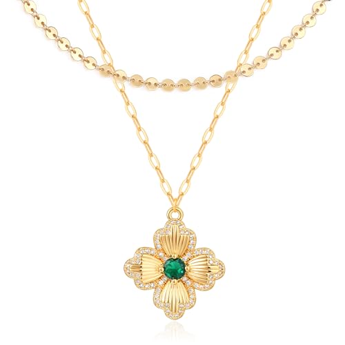 Valloey Rover Gold Necklaces for Women, 14K Gold Plated Layered Clover Pendant Necklaces for Women Dainty Stackable Charm Necklaces Set Cute Coin Link Choker Necklace Gold Emerald Jewelry for Women