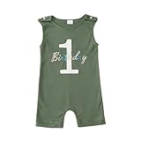 AFUKUIA Baby Boy 1st Birthday Sleeveless Bodysuit Infant Ribbed Romper Cute Embroidery Jumpsuit One Year Old Summer Overalls(Green)