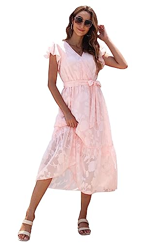 Image of VintageClothing Womens Sundress Casual Floral Summer Boho Dress | Flowy Wrap V Neck Ruffle A-Line Pleated Hem Midi Dresses