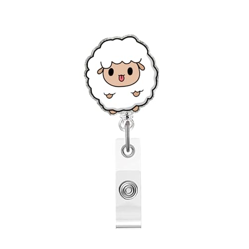Badge Reel Retractable Cute Sheep Design ID White Acrylic Alligator Clip Fluffy Cartoon Sheep Face Adorable Style Badge Tag Accessory Suitable for Nurse Doctor Student Worker Professional Use 1 Pcs