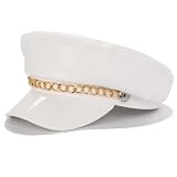 IDASHPO Women's Yacht Captain Sailor Hat PU Newsboy Cap Cabbie Hats Peaked Beret (White with Chain)
