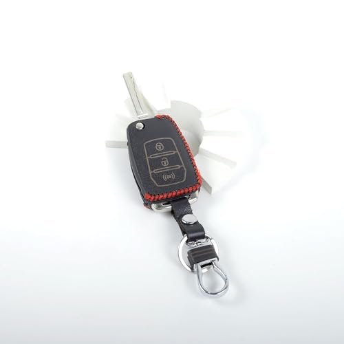 Image of Leather Smart Car Key Cover Case with Metal Hook Keychain for Mahindra XUV-300, Alturas (Black)