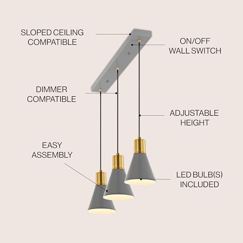 Image of JONATHAN Y Apollo Mid-Century 3-Light Pendant 33.5 inch, Gray /Brass Gold | Modern, Adjustable Height, Metal Cone Shade, Kitchen Island, Hallway, UL Listed, Slope-Compatible, LED Bulb Included