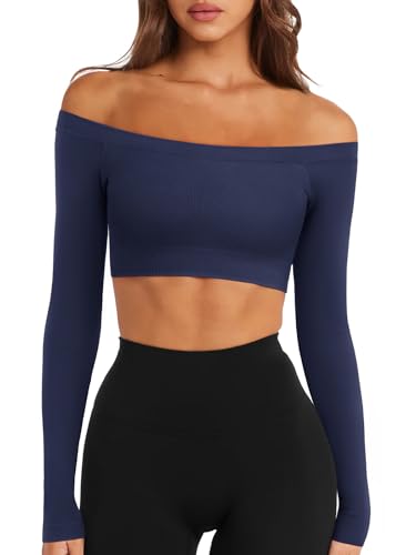 LASLULU Womens Off Shoulder Long Sleeve Workout Crop Tops,Deep Blue,Small