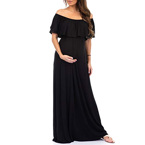 Mother Bee Maternity Open Shoulder Dress with Ruffles Black