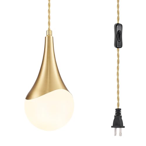 Image of MWZ Gold Plug in Pendant Light,Hanging Lights with Plug in Cord On /Off Switch, Mini Brass Pendant Lights for Kitchen Island,1-Light Modern Raindrop Chandelier Lamps with Milky White Globe Glass Shade