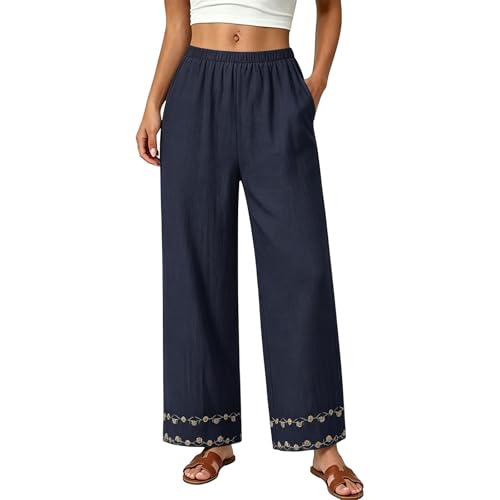 Pantalon lin femme jambe large broderie décontractée fluide à poches