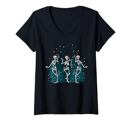 Mujer Esqueleto de Navidad bailando, divertido baile de calavera de Navidad Camiseta Cuello V