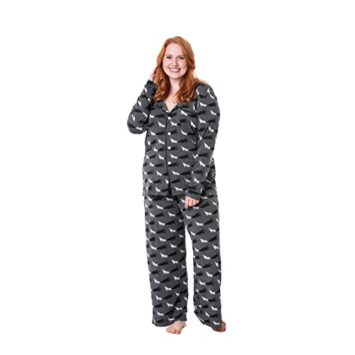 KICKEE Women’s Celebrations Print Pajama Set, Long Sleeve Button Down with Collar, Relaxed Sleepwear for Women, Holiday Prints for Family Matching (Pewter Christmas Tree Drag - 2XL)
