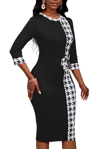 Women's 3/4 Sleeve Round Neck Casual Houndstooth Bodycon Wear to Work Pencil Sheath Midi Dresses3