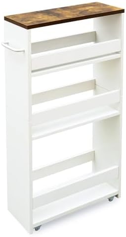 TEAMIX 4 Tier White Slim Storage Cart with Handle, Slide Out Stor...