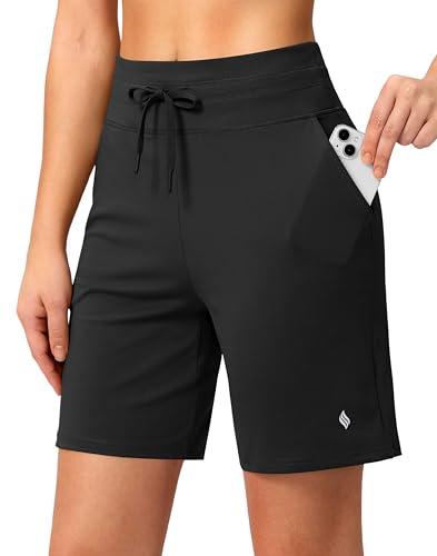 SANTINY Women's 7'' Athletic Long Shorts with Pockets High Waisted Running Workout Bermuda Shorts for Women Walking Casual