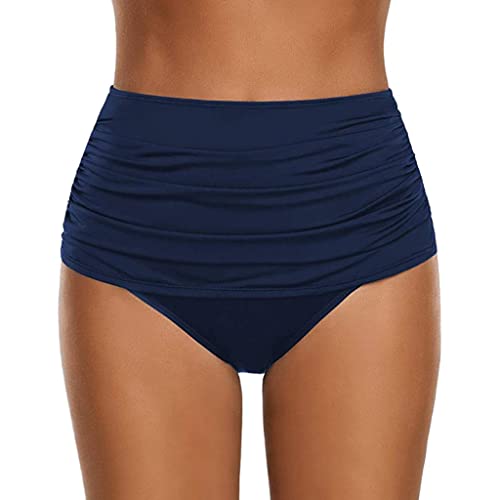 KaloryWee Summer Ruched High Waist Bikini Bottom for Women Solid Tankini Swimsuit Shorts Summer Tummy Control Swim Trunks Navy, XL